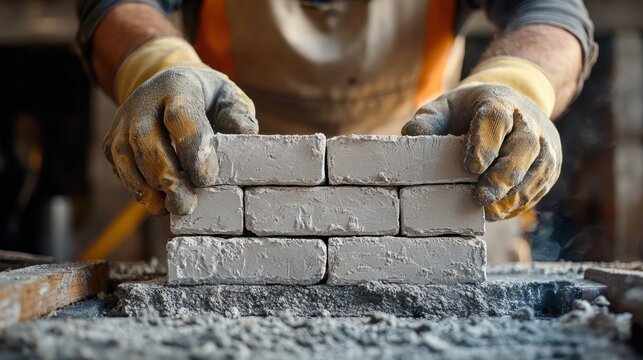 Skilled Mason Laying Bricks Carefully in Construction Site with Precision and Expertise