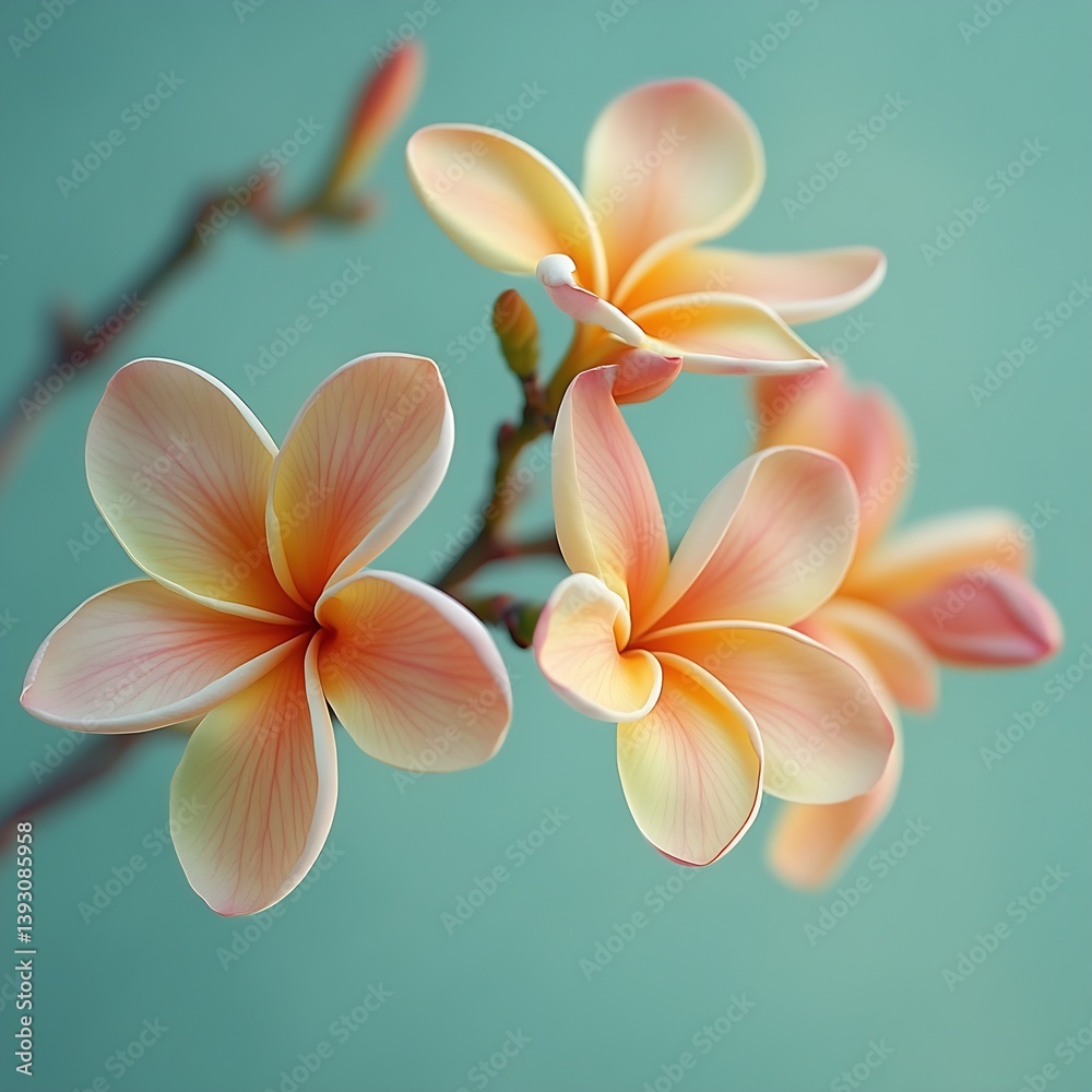 Poster Stunning Plumeria Flowers in Soft Pastel Colors Against a Calm Turquoise Background Creating a Tropical Vibe : Generative AI