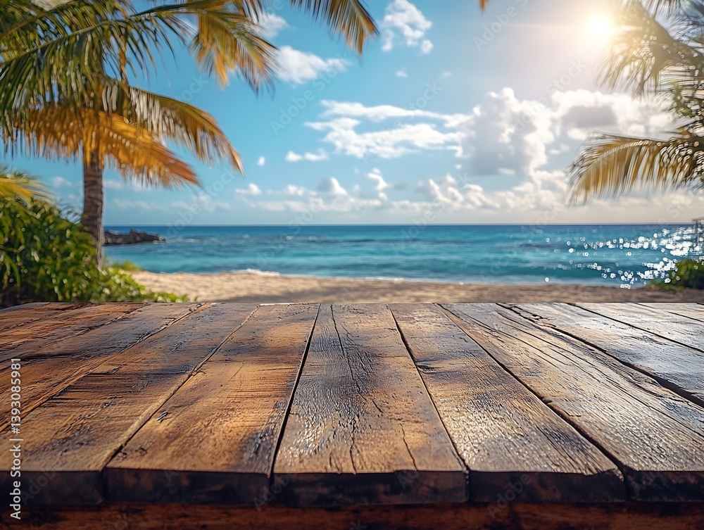 Poster Stunning Tropical Beach View from Rustic Wooden Table Clear Turquoise Ocean Palm Trees and Bright Sunlight : Generative AI