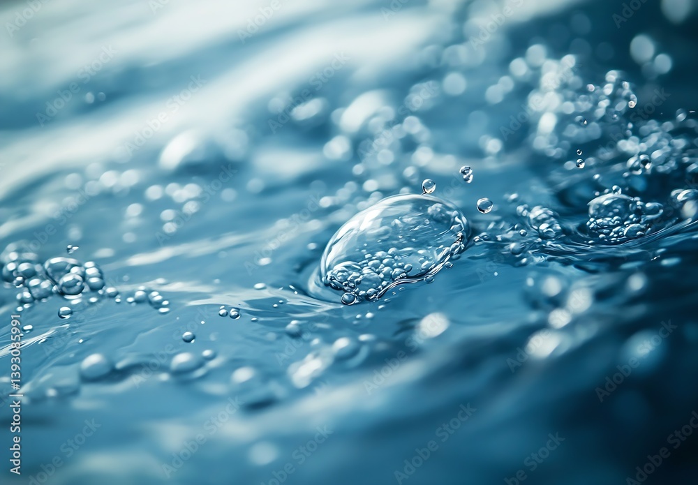 Aufkleber Close Up of Fresh Water Droplets and Bubbles Floating on the Surface of a Calm Cool Blue Lake : Generative AI