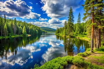 Fototapeta premium Majestic Svetloye Lake in Ergaki Nature Park A Siberian Coniferous Forest Panorama