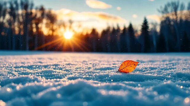 A single orange leaf resting on snow with a sunset backdrop and trees in the distance