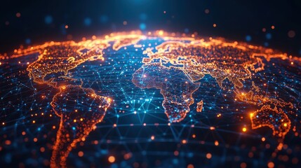 Obraz premium World map illustration showing continents with glowing dots and network connections in blue and orange against a dark background.