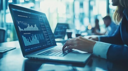 Laptop displays financial data. Hands type on keyboard. Business meeting. Charts and graphs on screen. Blurry office background. Computer analysis. Data visualization.
