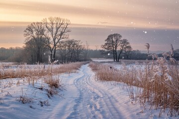 Winter Landscape With Snow Covered Path And Trees At Sunset With Falling Snow