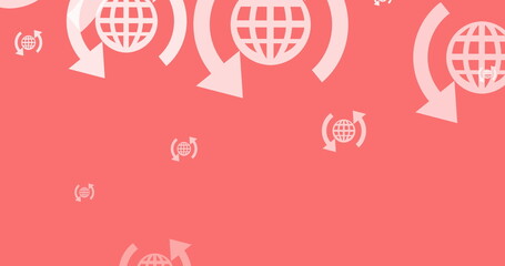 Image of online white globe with arrows icons moving on pink background