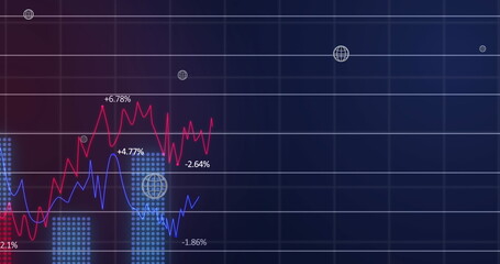 Image of online white globe icons moving over statistics on blue background