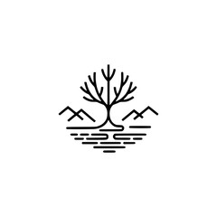 Minimalist Landscape Logo: Tree, Mountains, and Water. Clean Design.
