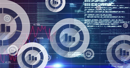 Image of online statistics icons moving over data processing on blue background