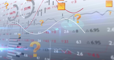 Image of online orange question mark icons moving over financial data processing