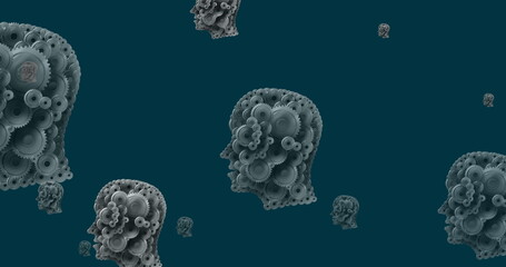 Image of human heads formed with cogs moving on blue background