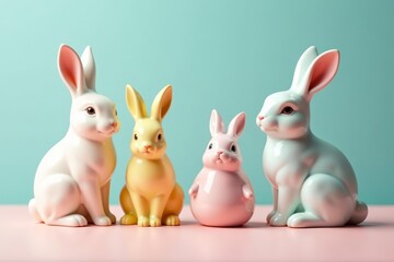 Creative layout of artistic porcelain bunny figurines on pastel surface, design, rabbit