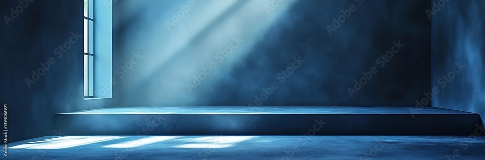 Poster Dramatic Studio Shot of a Blue Lit Empty Room with Concrete Floor and Walls Spot Light and Window : Generative AI