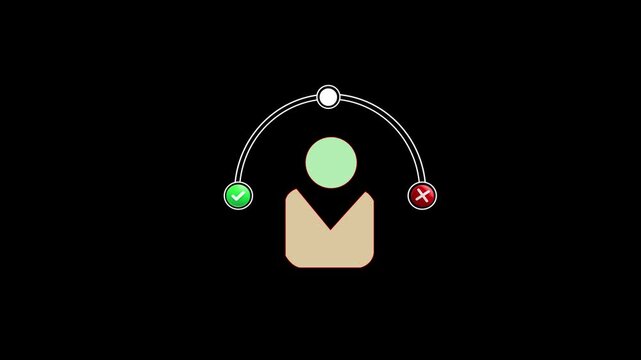 decision making concept minimalist icon, black grid background, white arc with endpoints, green checkmark, red X, Minimalist icon of a person in a suit