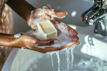 Fototapeta premium Woman washing hands with soap under running water at a sink indoors during the day