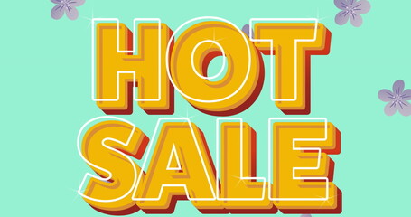 Image of hot sale text over purple flowers moving in hypnotic motion