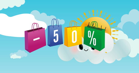 Image of minus 50 percent on multi coloured shopping bags and sun on sky