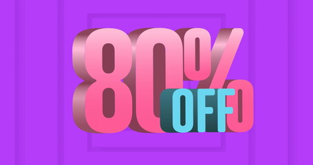 Image of 80 percent off text on purple squares in background