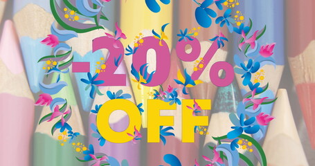 Image of minus 20 percent off text on floral pattern with colour pencils in background