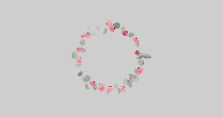 Image of circle of flowers spinning in hypnotic motion on grey background