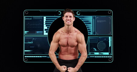 Image of strong muscular man with scope scanning and data processing