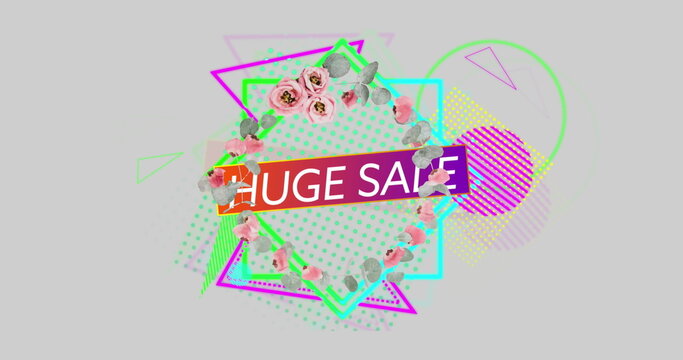 Image of huge sale text over abstract shapes and flowers moving in hypnotic motion