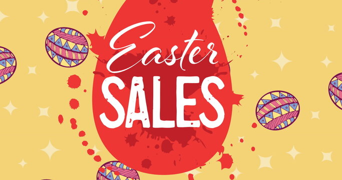 Fototapeta Image of easter sales text with easter eggs on yellow background