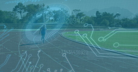 Image of data processing over disabled male athlete with running blades on racing track