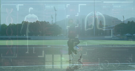 Image of medical data processing over disabled male athlete with running blades on racing track