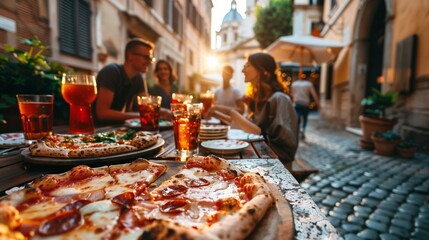 Friends happily dining on pizza and drinks outdoors against a sunlit European street at sunset
