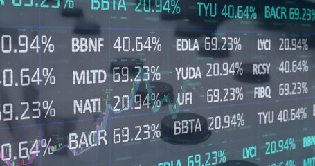 Image of financial data processing over rows of milk bottles