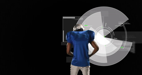 Image of african american male american football player over digital data processing on screen