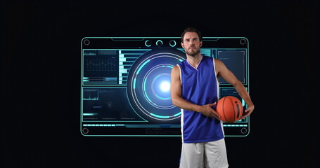 Image of scopes scanning and data processing with male basketball player