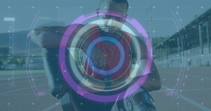 Image of scope scanning over disabled male athlete with running blades on racing track