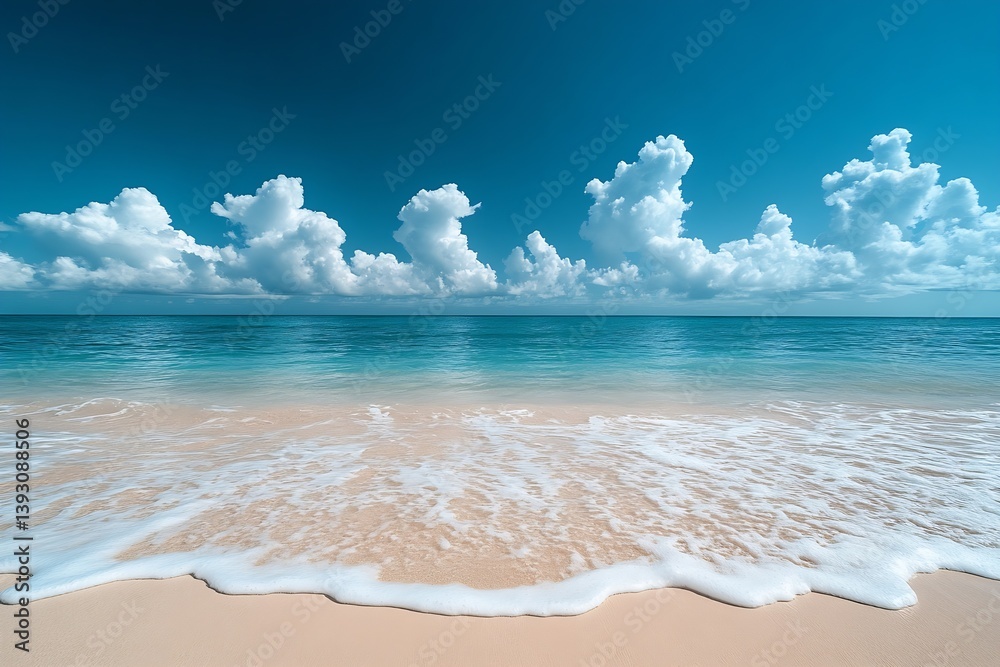 Poster serene beach scene with turquoise water soft waves white sand and fluffy clouds perfect summer escap