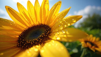 Close-up of sunflower with dewdrops against a bright blue sky
