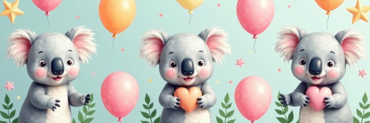 Naklejka premium Cute koala and balloons in a repeating design perfect for children's products, background, kid