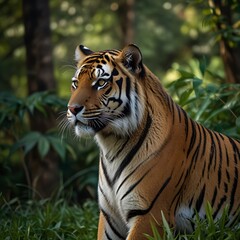 Obraz premium beautiful bengal tiger with lush green habitat background