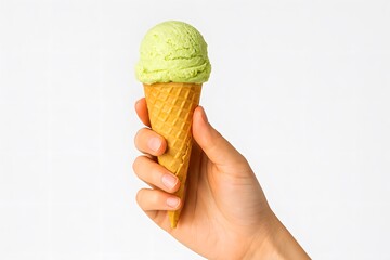 Hand holding a pistachio ice cream cone against a white background. The creamy green scoop and golden waffle cone create a clean, fresh look perfect for dessert and summer themes.