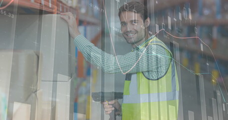 Image of financial data processing over smiling man working in warehouse