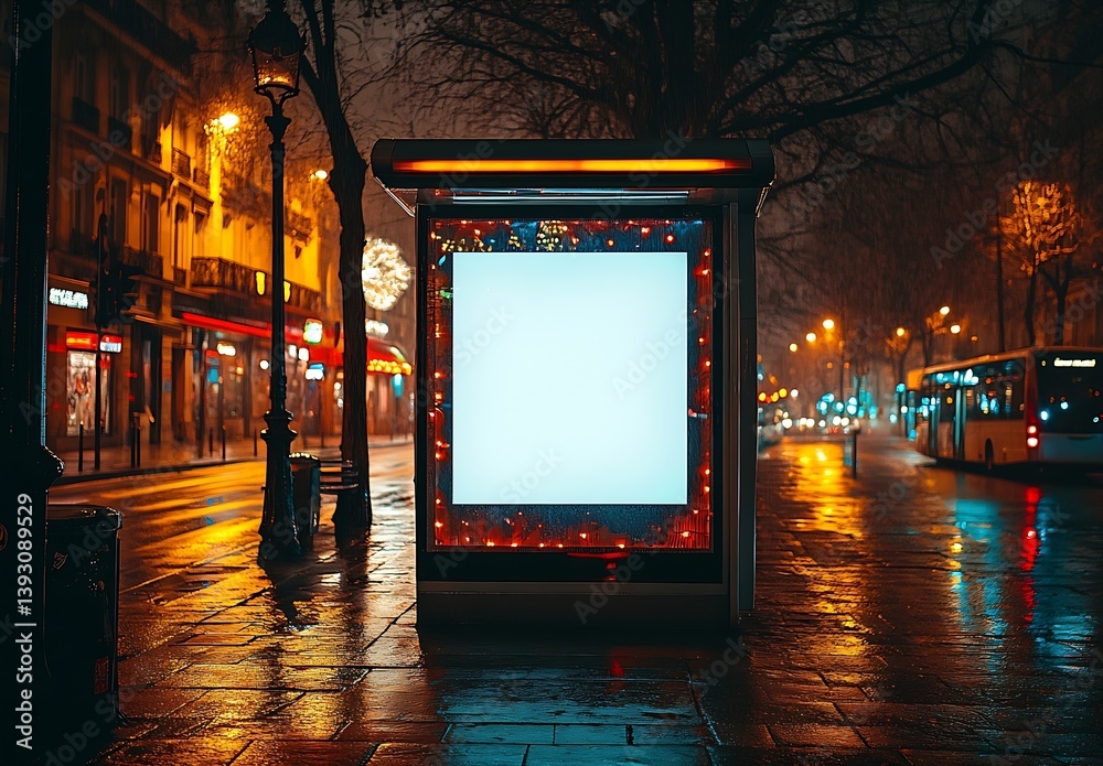 Aufkleber rainy night cityscape with glowing billboard mockup blank advertisement space in urban setting moody