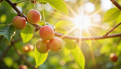 Sunlit cherry branches highlighting ripe fruit, serene summer vibes