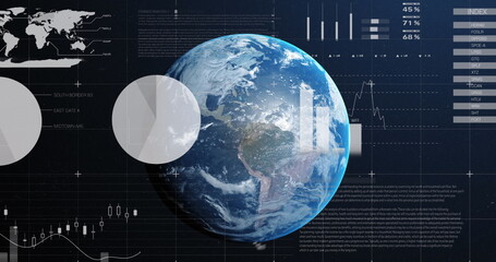 Image of statistics and financial data processing over globe