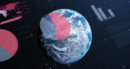 Image of statistics and financial data processing over globe