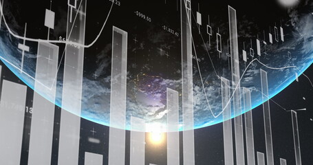 Image of statistics and financial data processing over globe