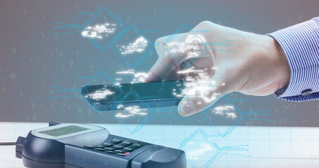 Image of wi fi icons over smartphone and payment terminal