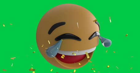Image of confetti falling over smiling emoji emoticon icon on green screen background