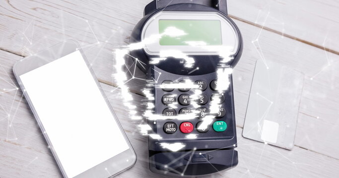 Image of network of connections and security padlock on shield over payment terminal