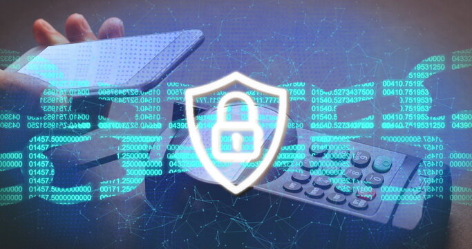 Image of block chain and security padlock on shield over smartphone and payment terminal
