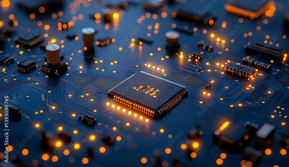 Poster Illuminated Computer Circuit Board CloseUp with Orange Lights and Complex Electronic Components : Generative AI